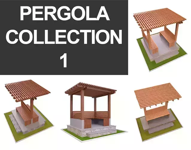 Pergola Collection 1 wooden bench on grassy area Low-poly 3D model