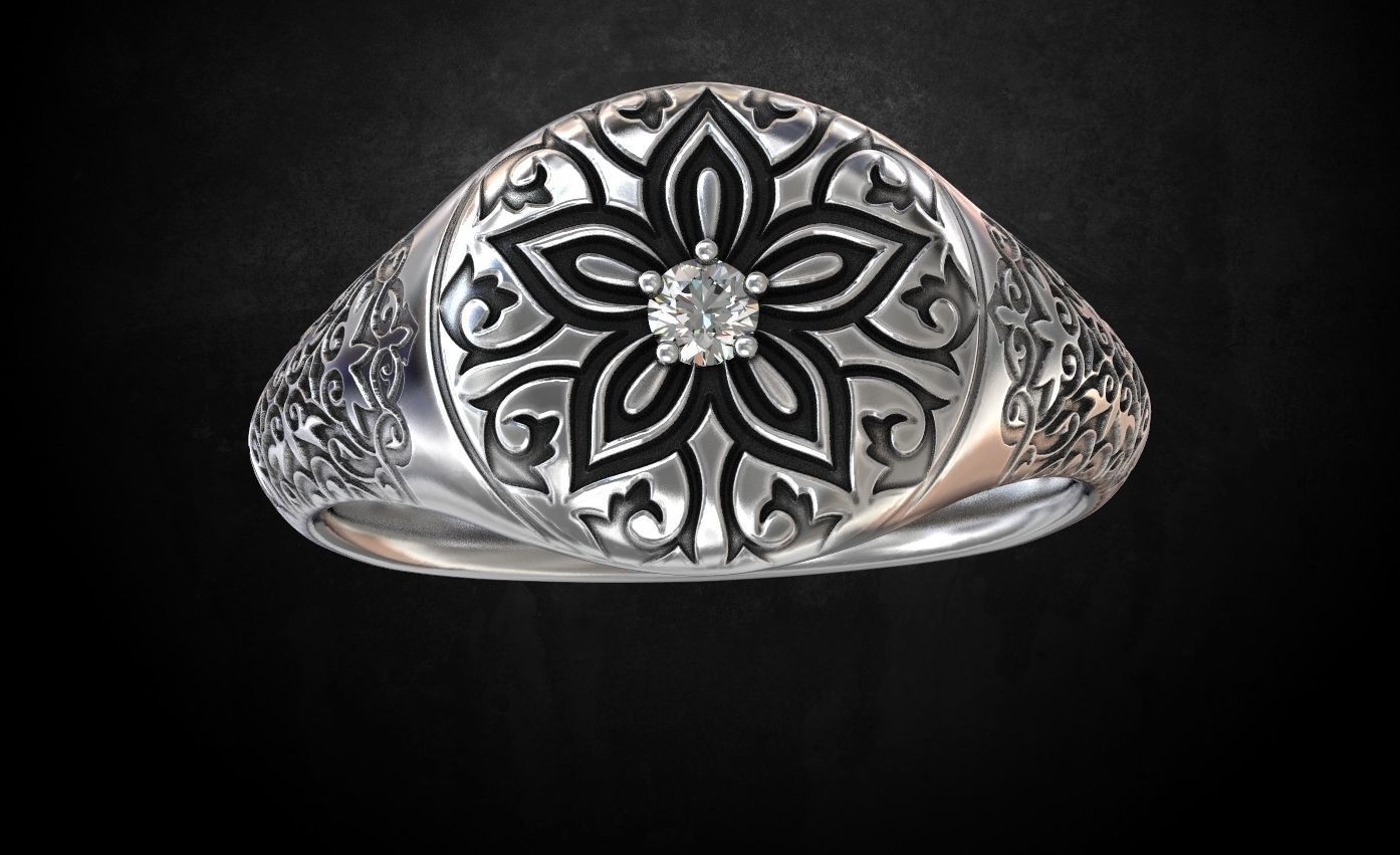Ring with a pattern and a stone 196 3D print model_4