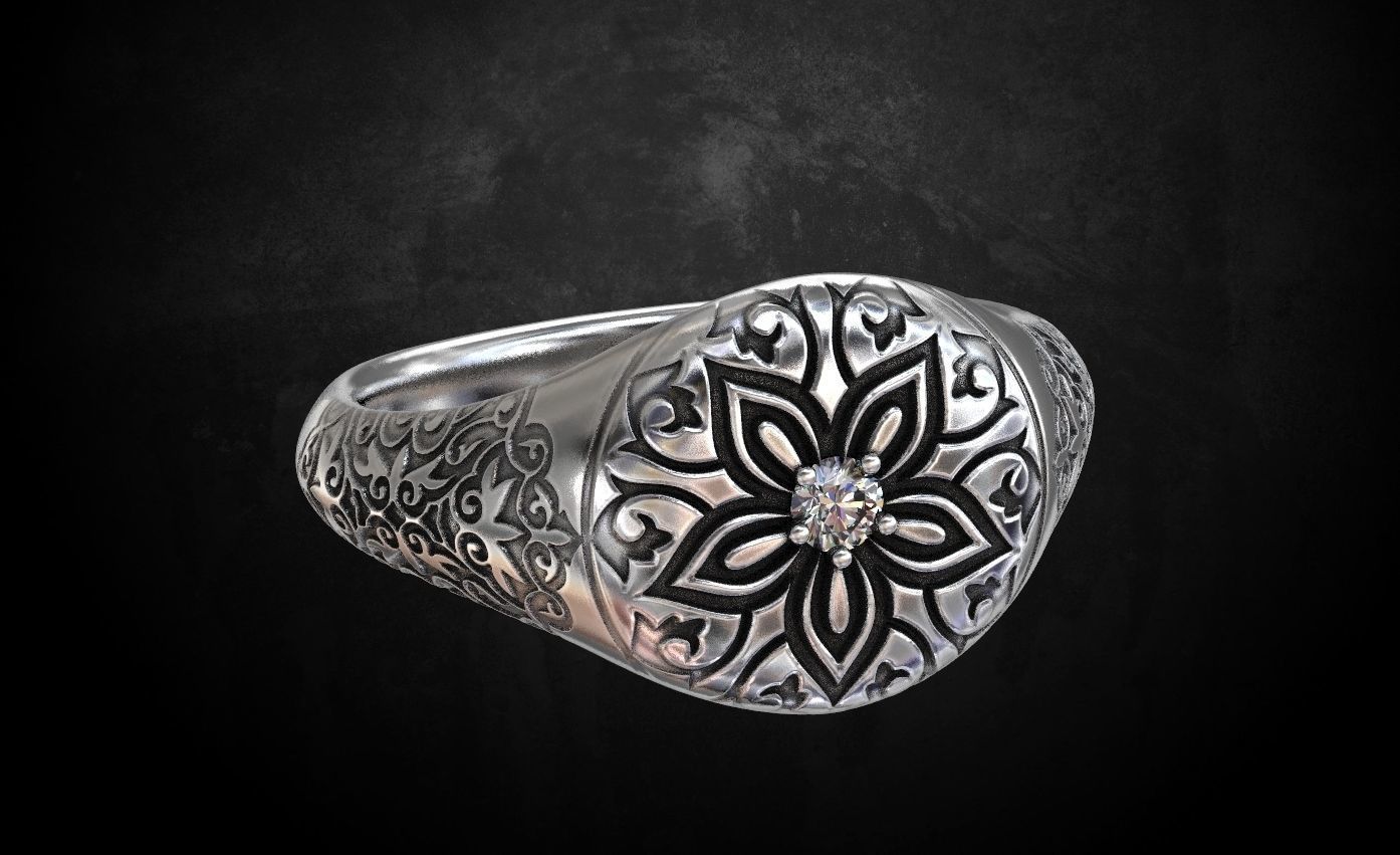 Ring with a pattern and a stone 196 3D print model_7