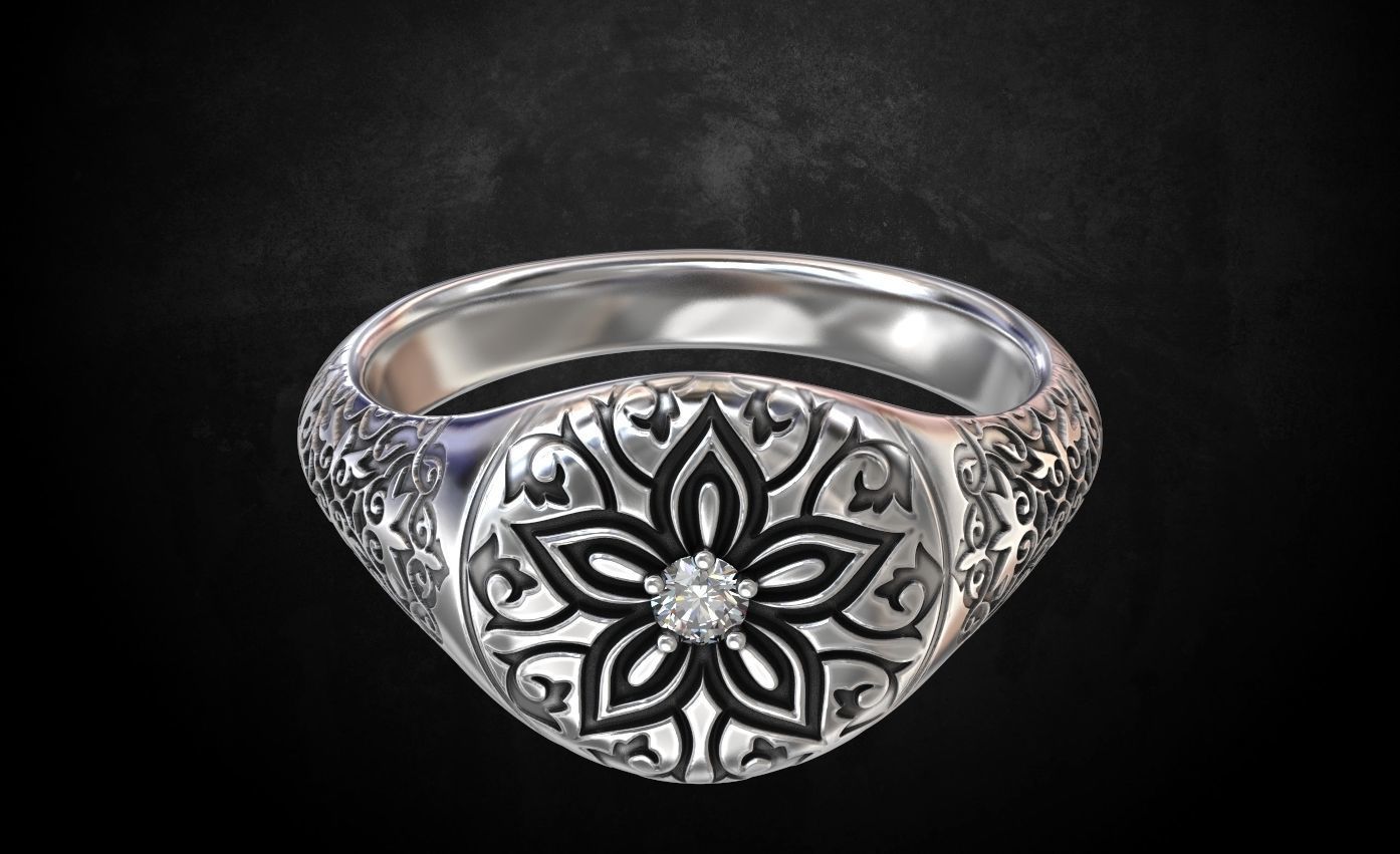 Ring with a pattern and a stone 196 3D print model_5