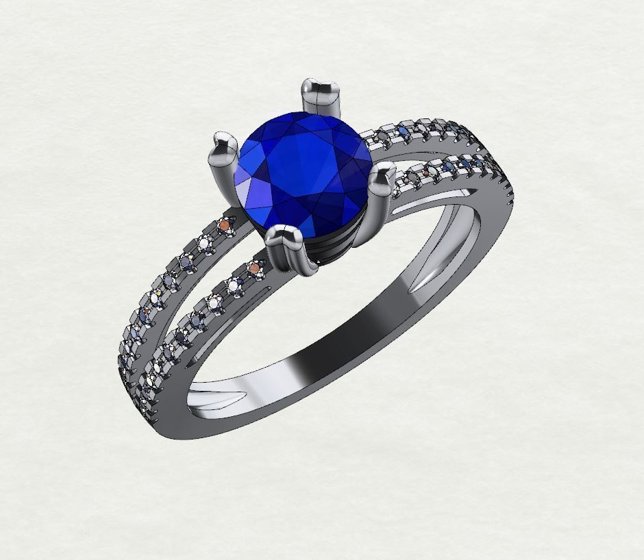 ring with blue round sapphire and diamonds 3D print model_1
