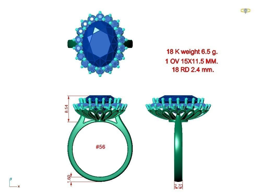 Ring003 oval diamond ring gold 3D print model_2