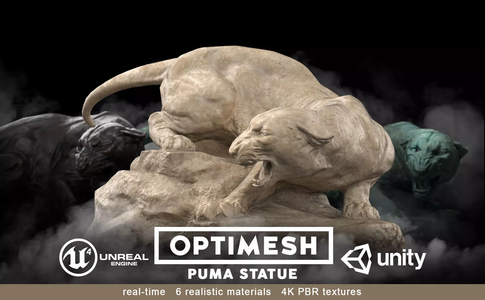 Puma wild cat Statue - 3D PBR model Low-poly 3D model_0