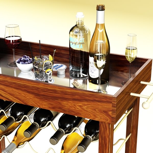 Wine Table Rack Bottles and Glasses 3D model_4