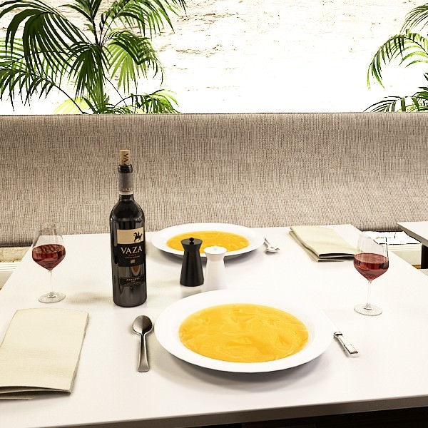 Wine Table Rack Bottles and Glasses 3D model_38