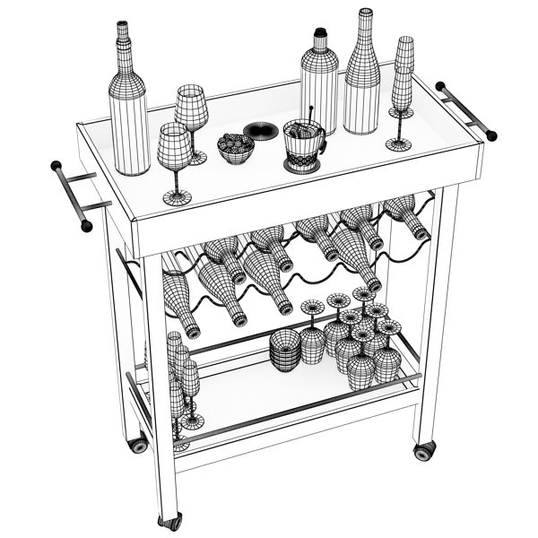 Wine Table Rack Bottles and Glasses 3D model_14