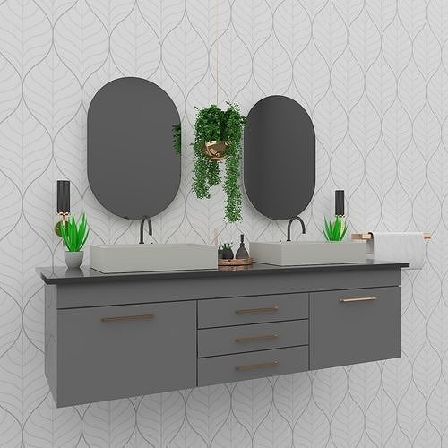 Bathroom vanity with two mirrors and plant 3D model