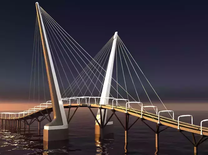Cable-stayed bridge night scene 3D model