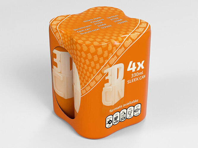 4 Shrinkwrapped 330ml Sleek cans 3D model