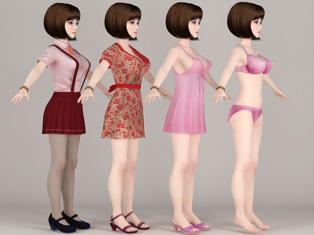 T pose nonrigged model of Fumika with various outfit 3D model_6