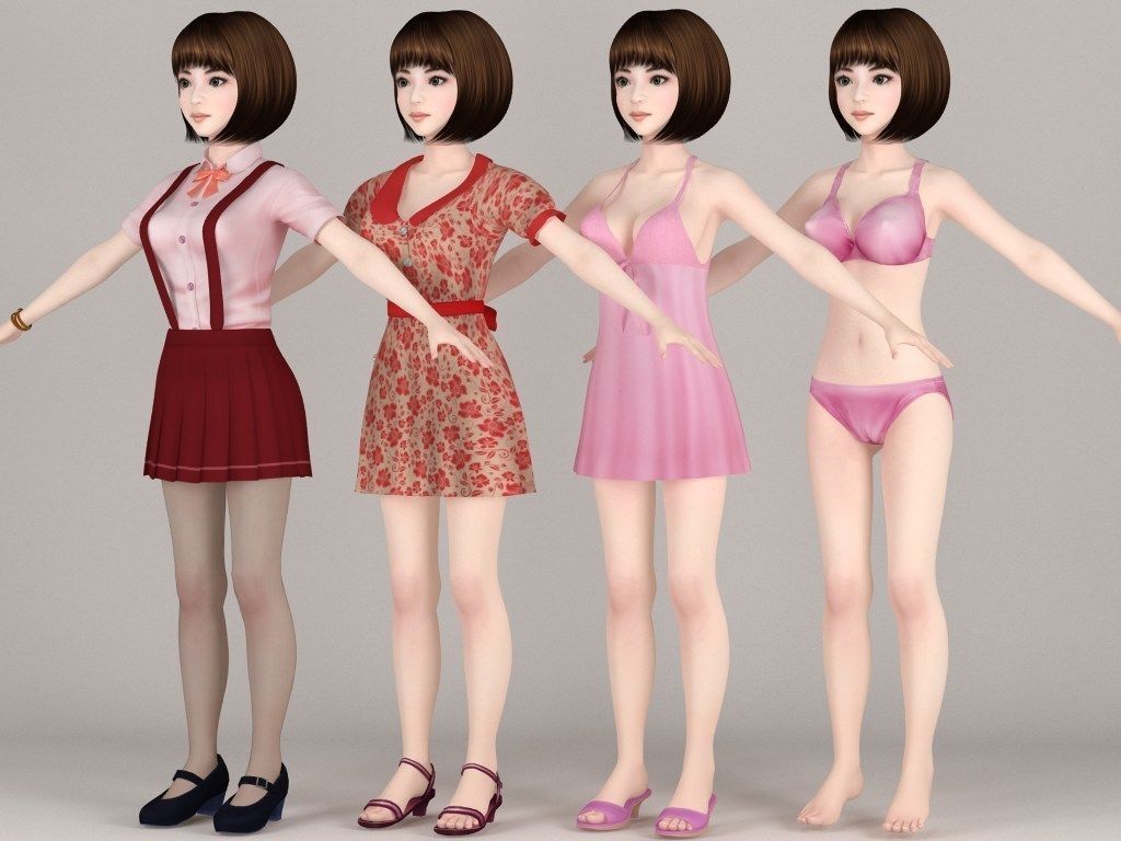 T pose rigged model of Fumika with various outfit 3D model_5