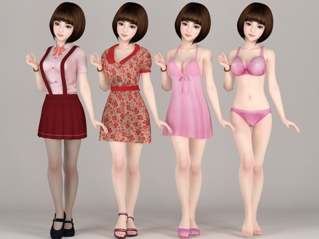 T pose rigged model of Fumika with various outfit 3D model_1