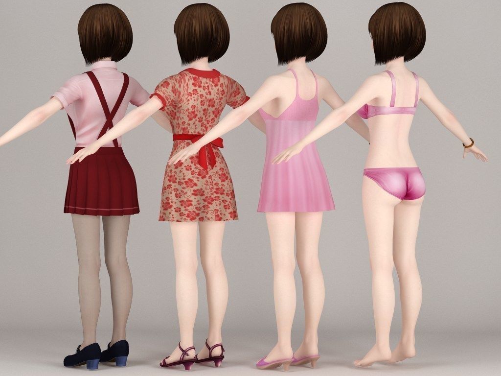 T pose rigged model of Fumika with various outfit 3D model_7