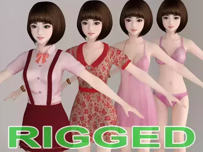 T pose rigged model of Fumika with various outfit