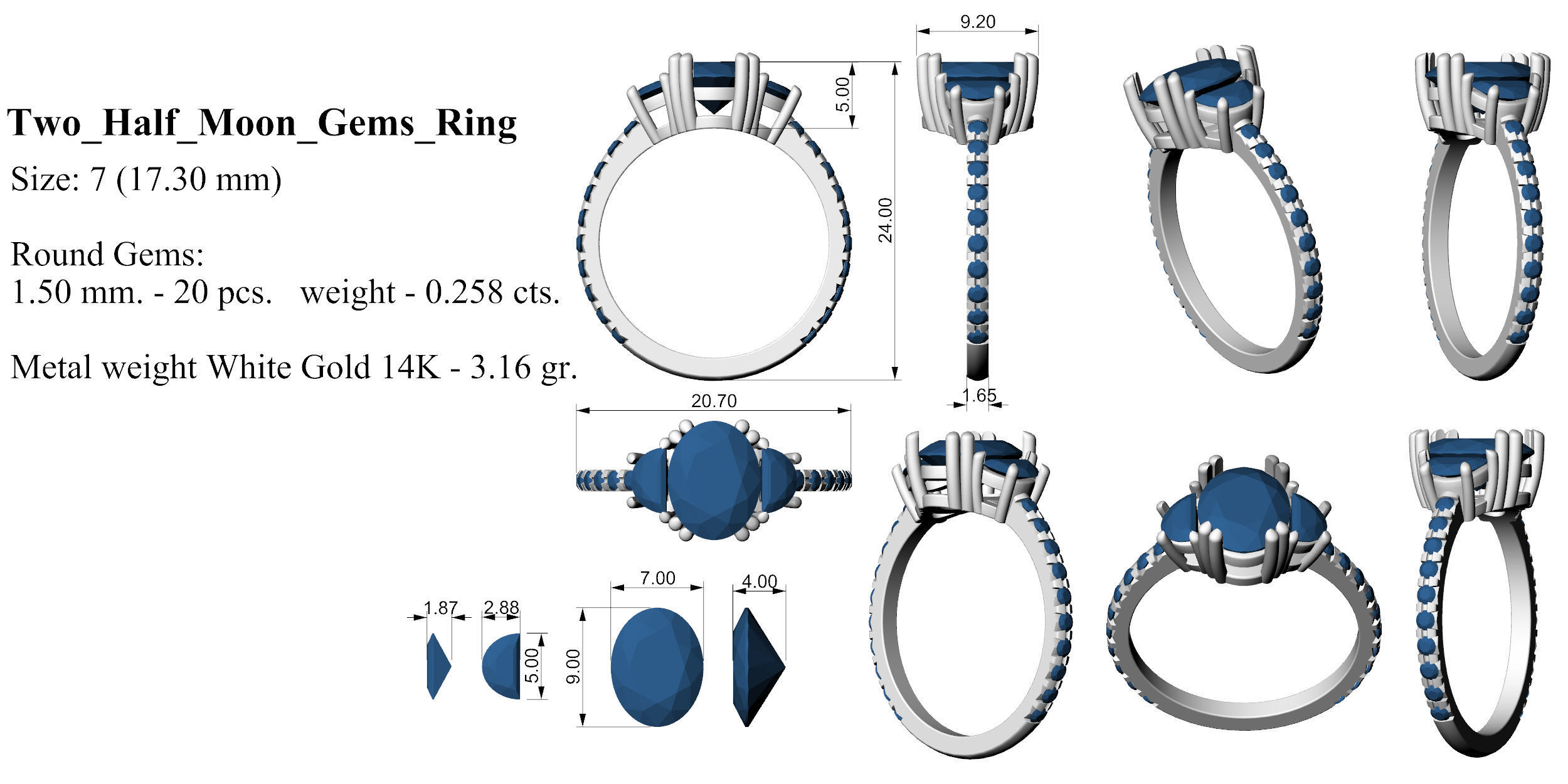 Two Half Moon Gems Ring 3D print model_2