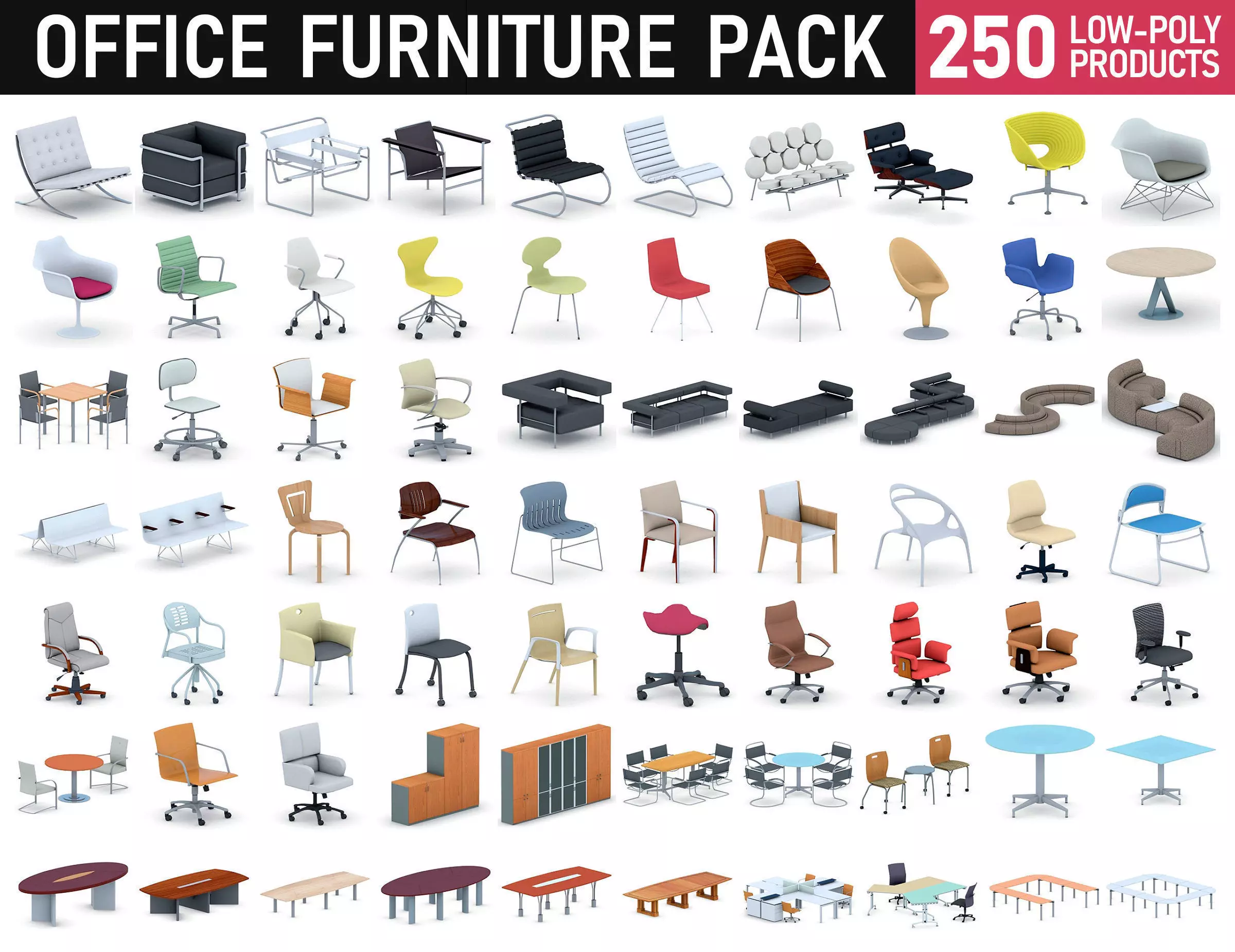 Office Furniture Collection Low-poly 3D model_0