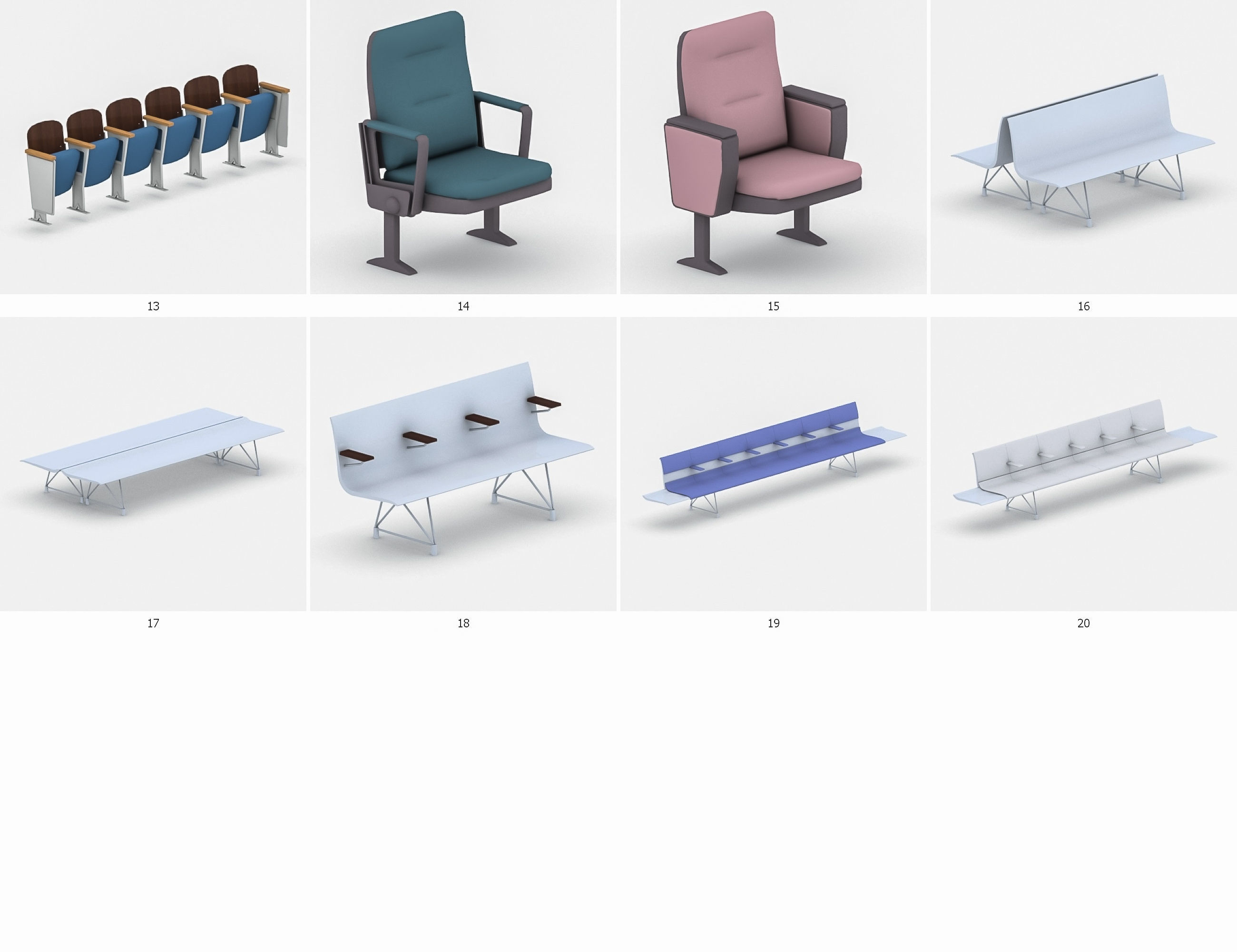 Cinema and Airport Chairs Low-poly 3D model_3