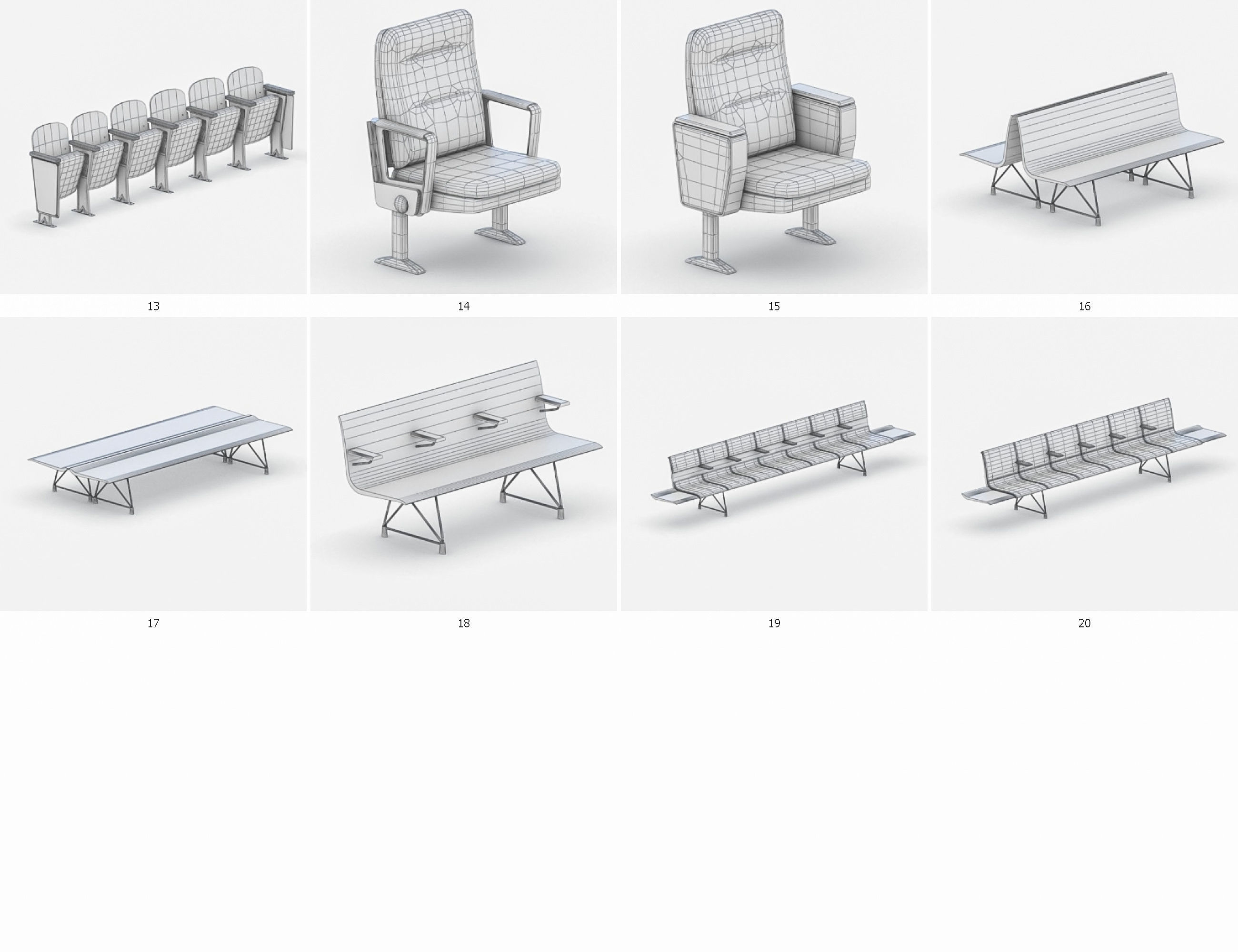 Cinema and Airport Chairs Low-poly 3D model_4