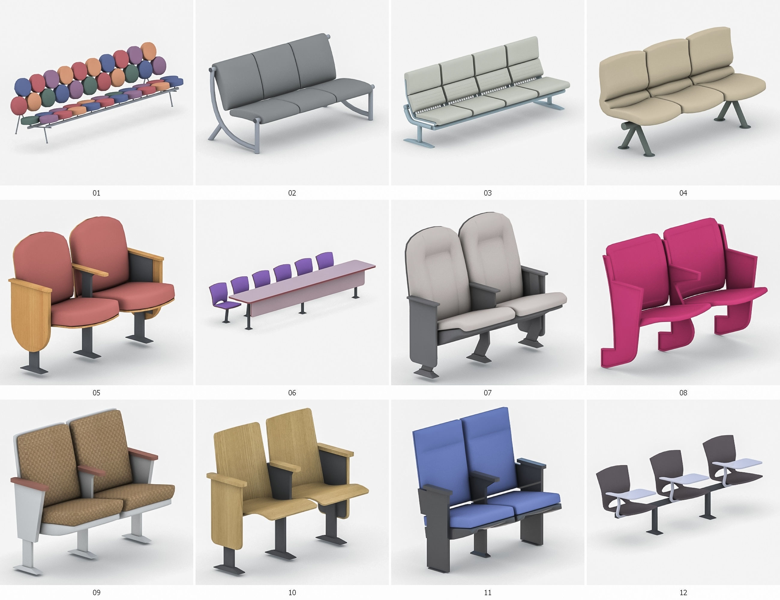 Cinema and Airport Chairs Low-poly 3D model_1