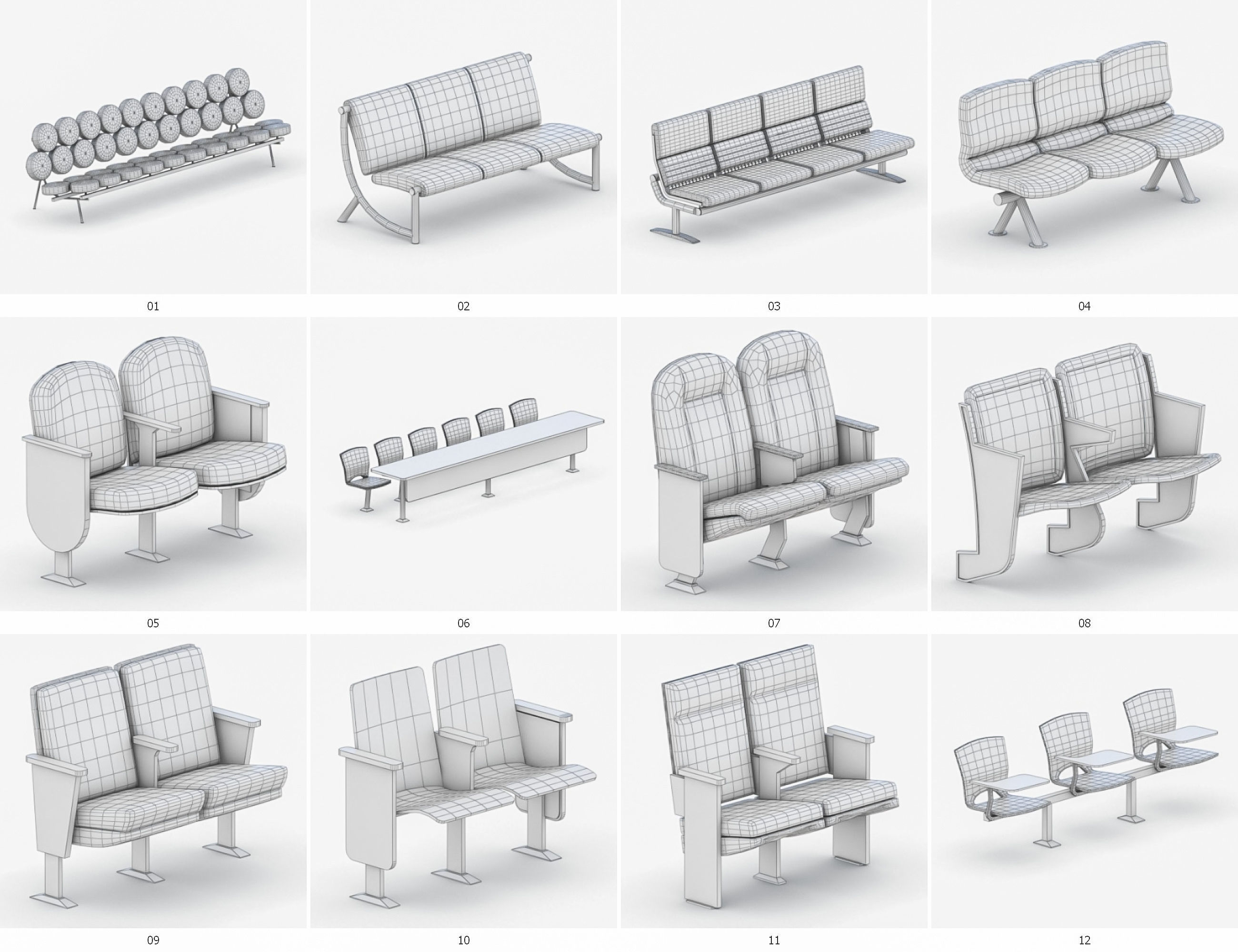 Cinema and Airport Chairs Low-poly 3D model_2