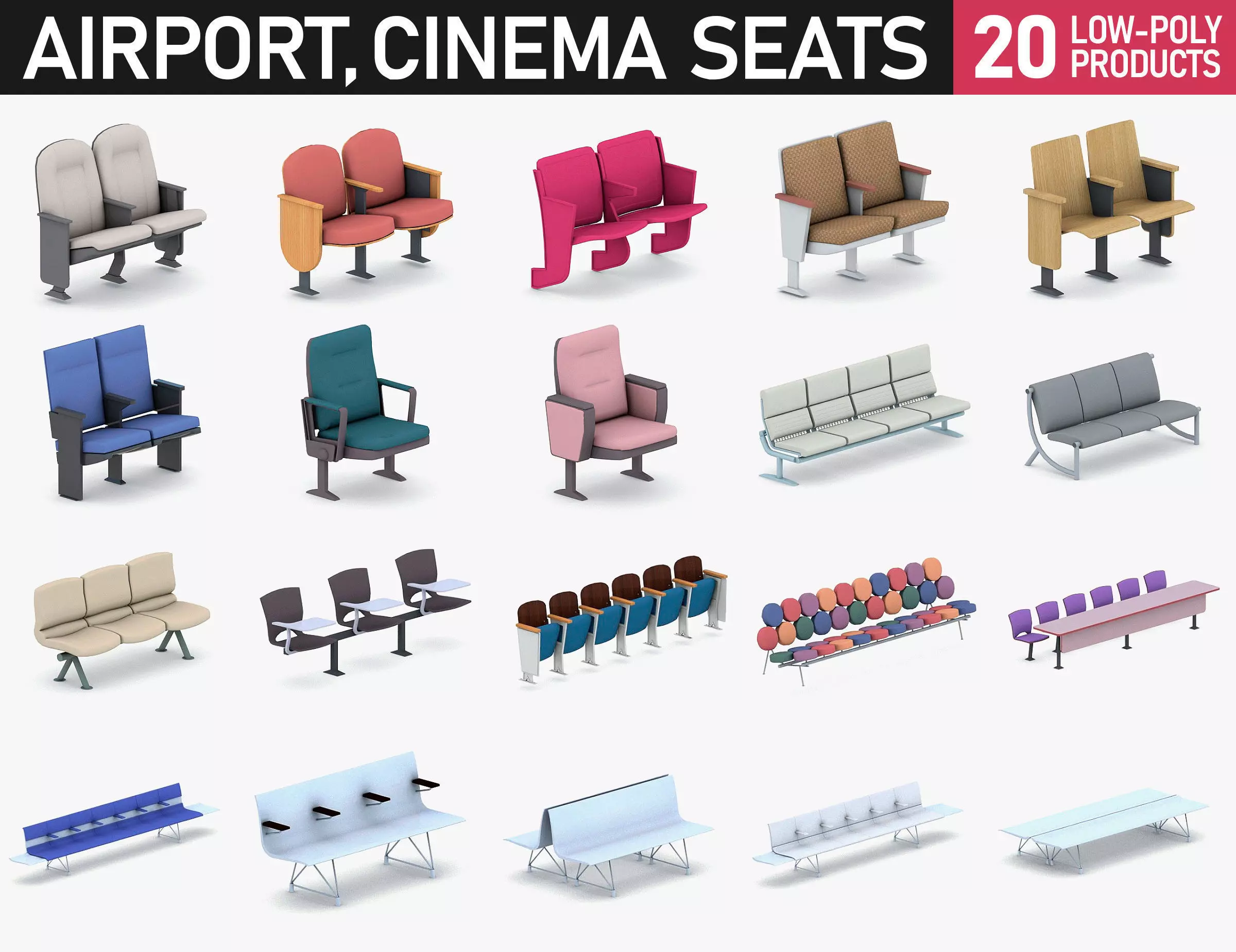 Cinema and Airport Chairs Low-poly 3D model_0
