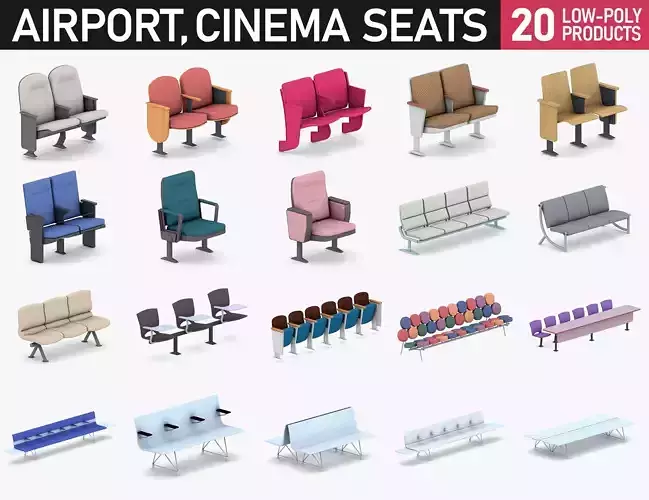 Cinema and Airport Chairs Low-poly 3D model