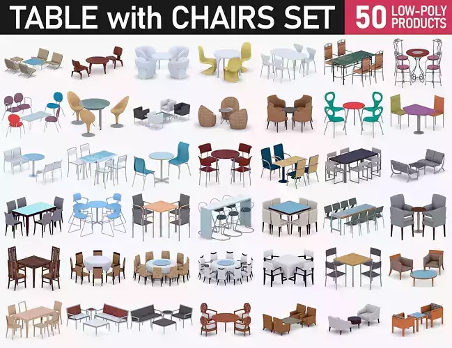 Table with Chairs Collection Low-poly 3D model