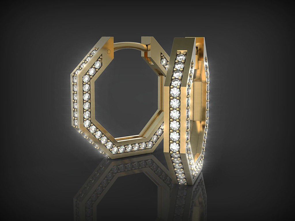 Earrings Octagon with diamonds 3D print model_1