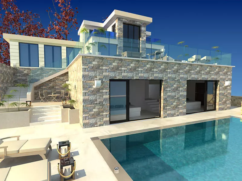 House Villa with pool in a natural scene Low-poly 3D model_0