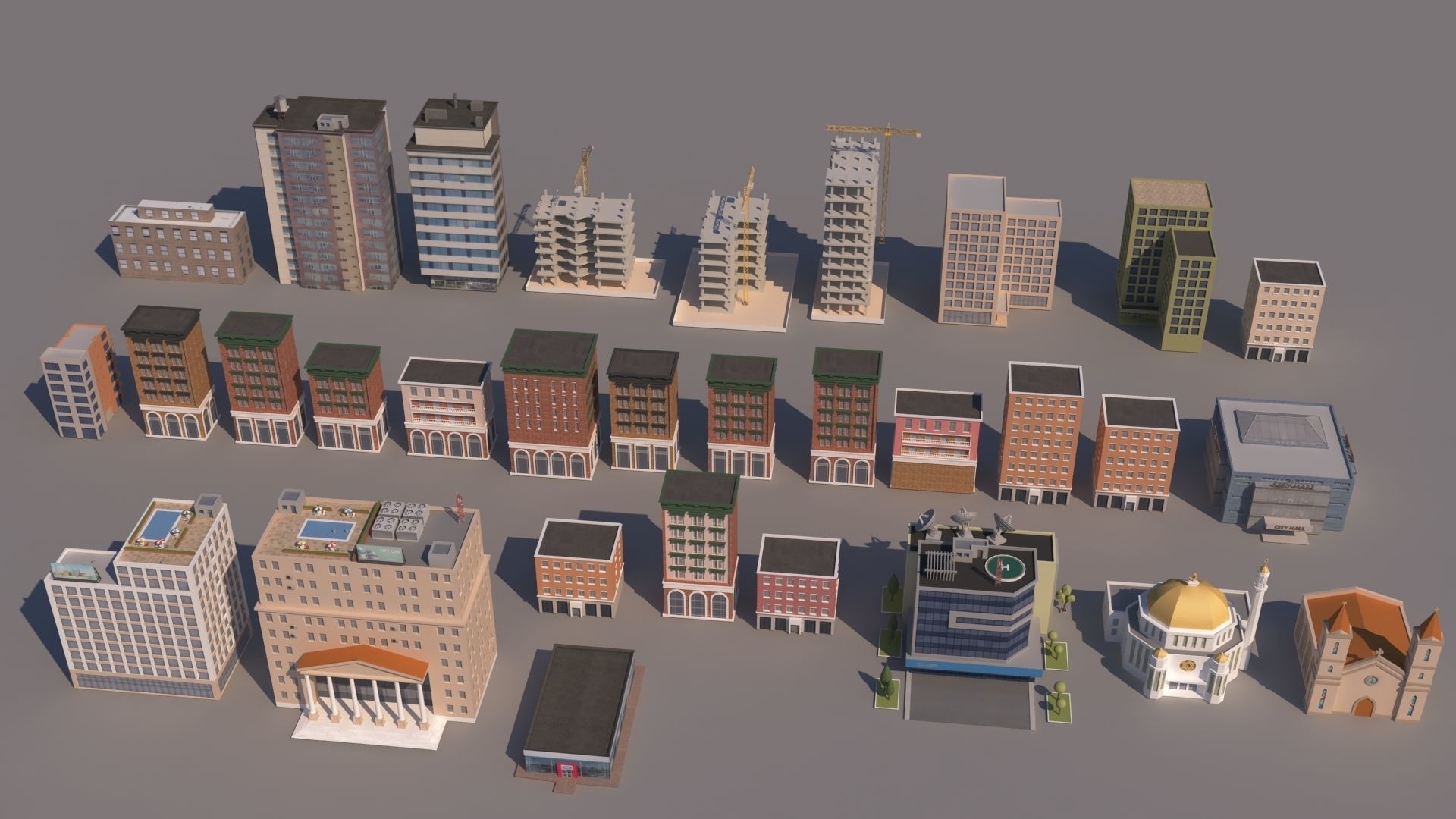 Realistic Low poly Cartoon City Modular Elements Low-poly 3D model_3