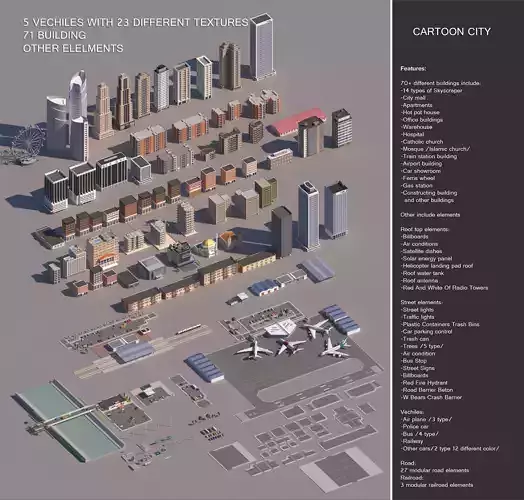  Realistic Low poly Cartoon City Modular Elements Low-poly 3D model