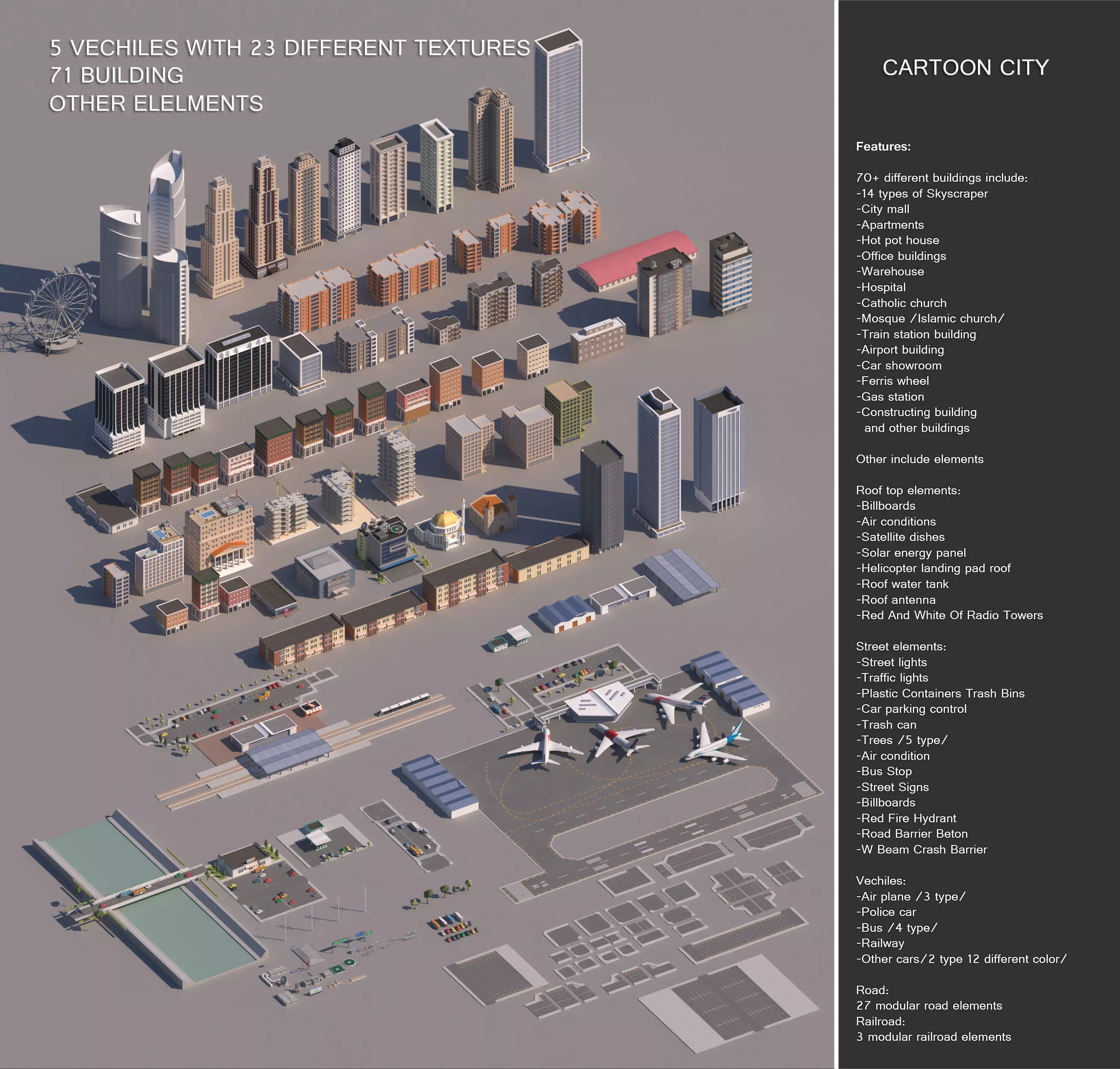 Realistic Low poly Cartoon City Modular Elements Low-poly 3D model_0