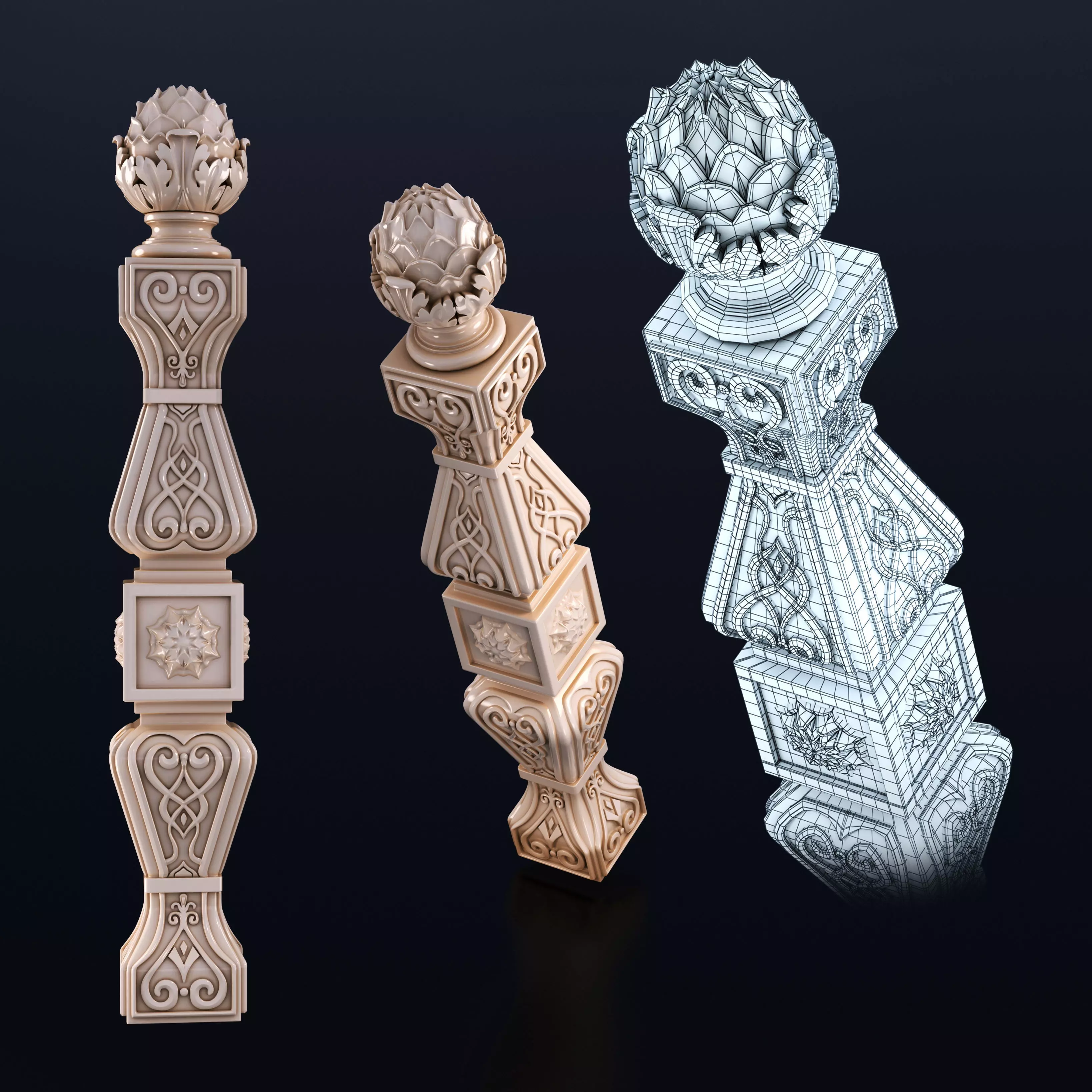 Baluster three ornate pillars 3D model