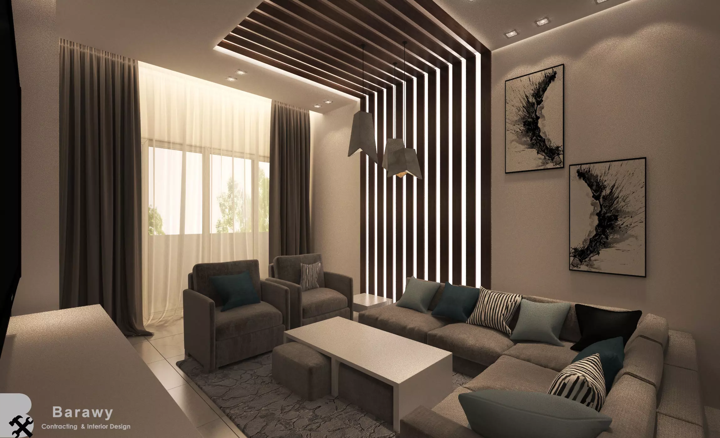 Contemporary Living room and reception with balcony 3D model_0