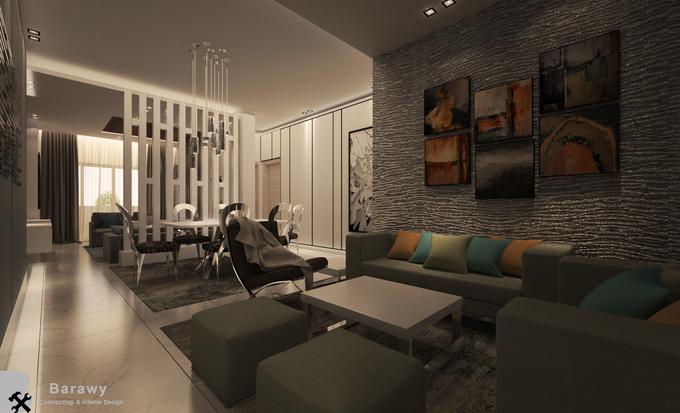 Contemporary Living room and reception with balcony 3D model_1