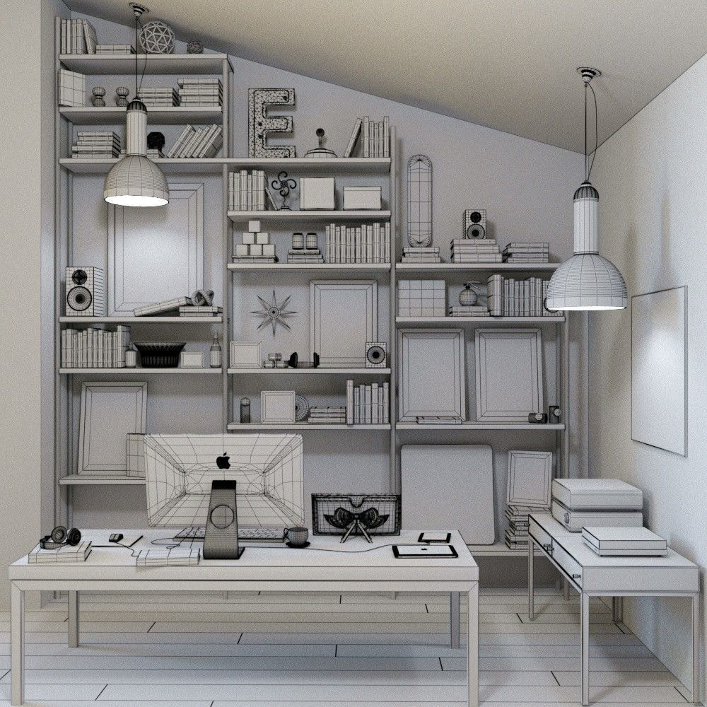 Set - 6 home office with bookshelves 3D model_4
