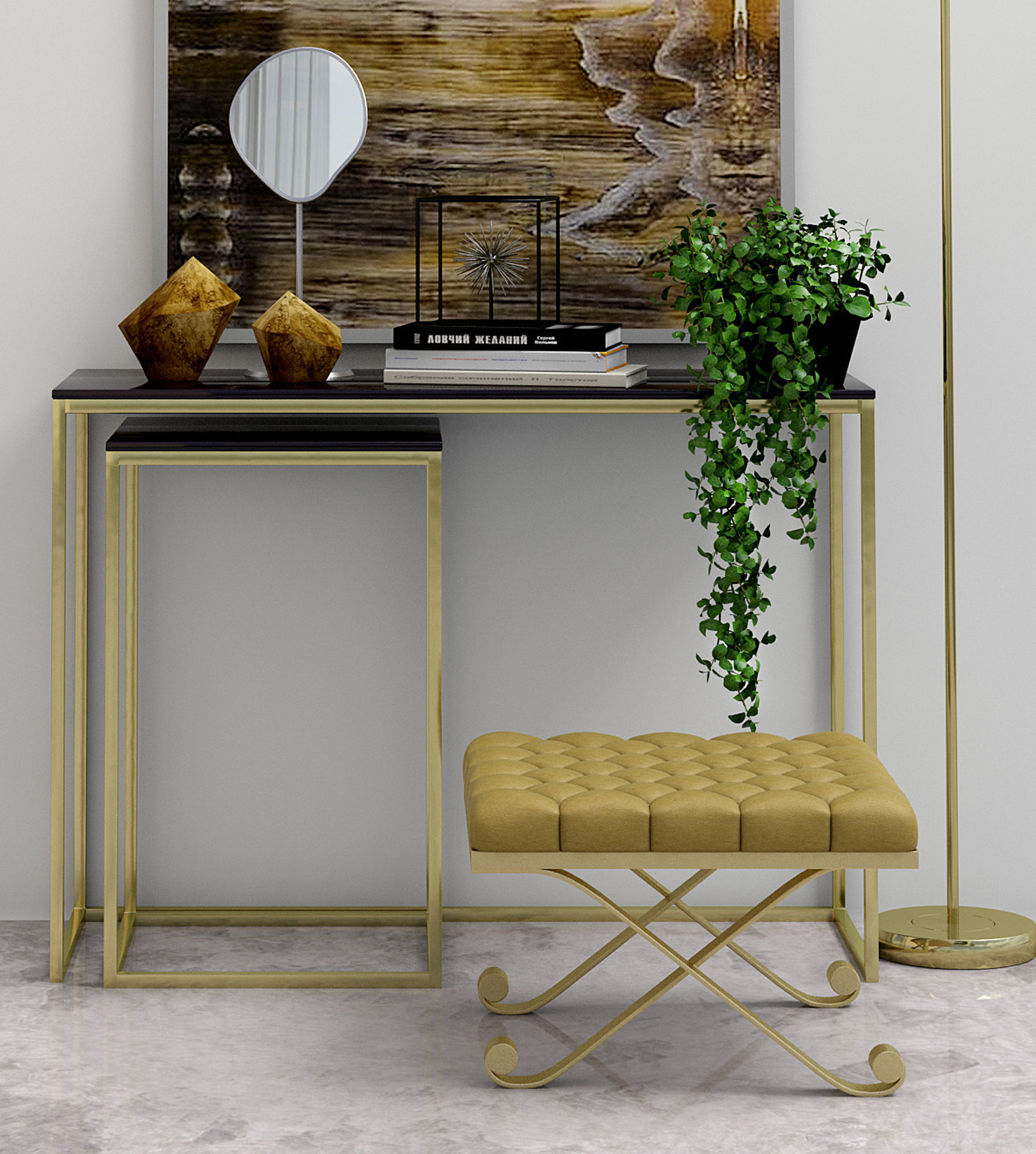 Set-11 gold floor lamp with four lamps 3D model_2