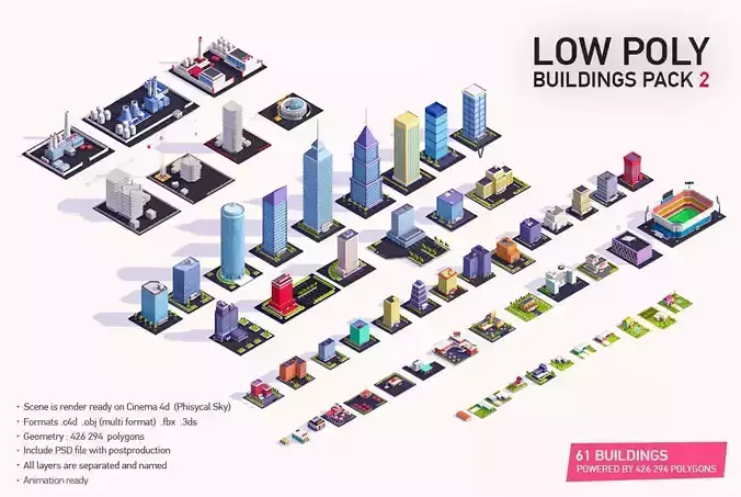 Low Poly Buildings City Pack 2 Low-poly 3D model