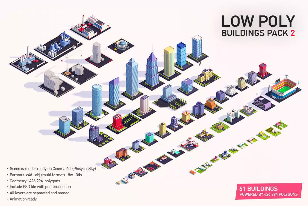 Low Poly Buildings City Pack 2 Low-poly 3D model_0