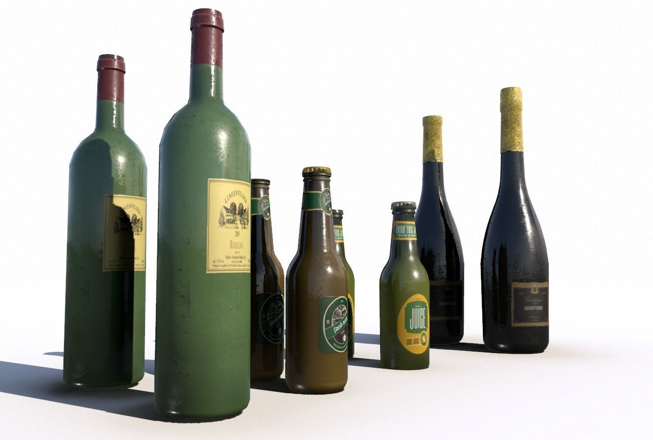 Beer juice wine and champagne bottles Low-poly 3D model_4
