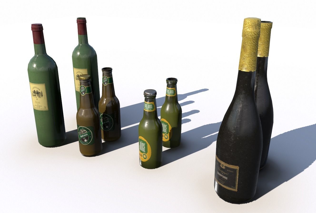 Beer juice wine and champagne bottles Low-poly 3D model_2