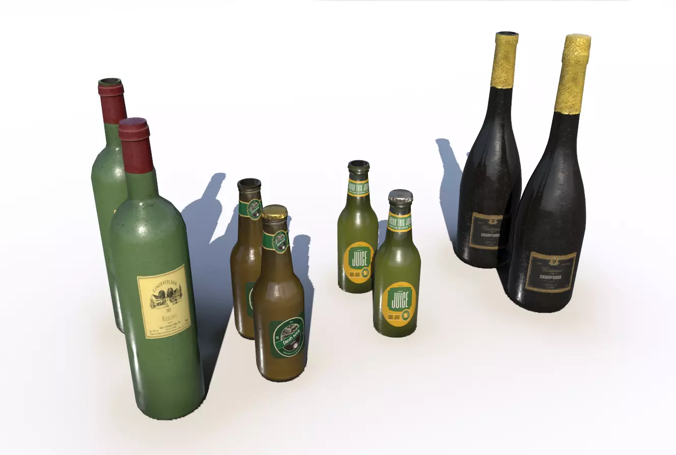 Beer juice wine and champagne bottles Low-poly 3D model_0