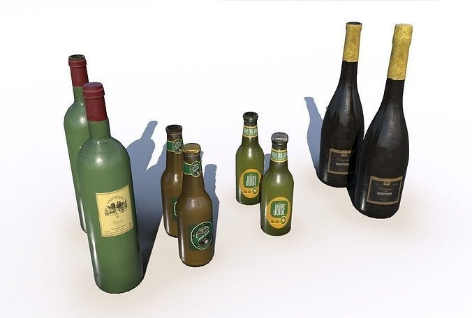 Beer juice wine and champagne bottles Low-poly 3D model