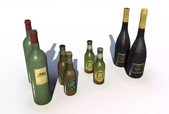 Beer juice wine and champagne bottles Low-poly 3D model