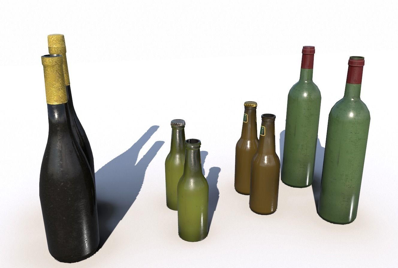 Beer juice wine and champagne bottles Low-poly 3D model_3