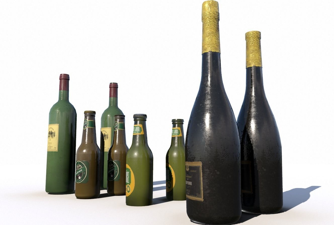Beer juice wine and champagne bottles Low-poly 3D model_5