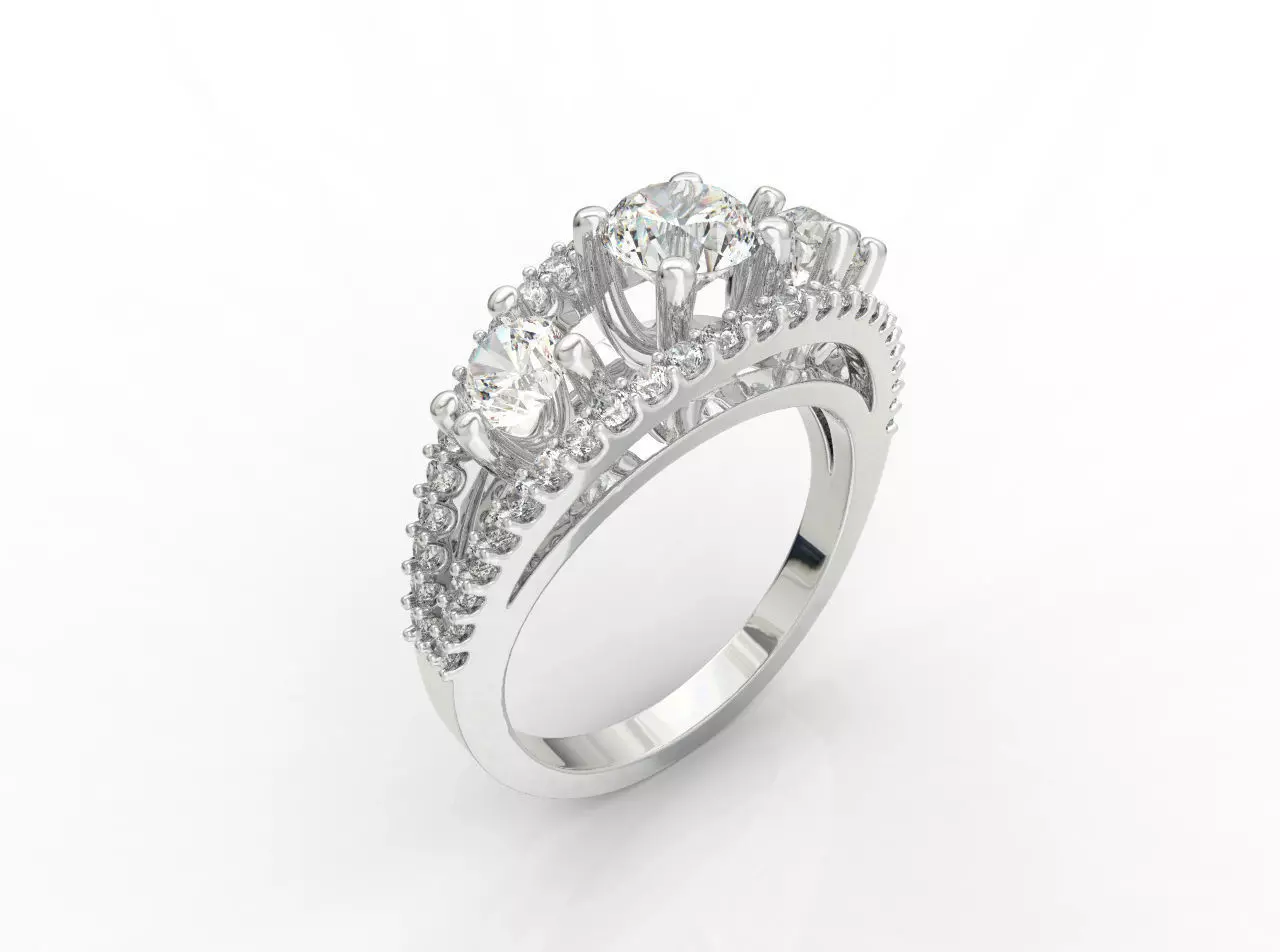 Ring006 three stone diamond ring gold 3D print model_0