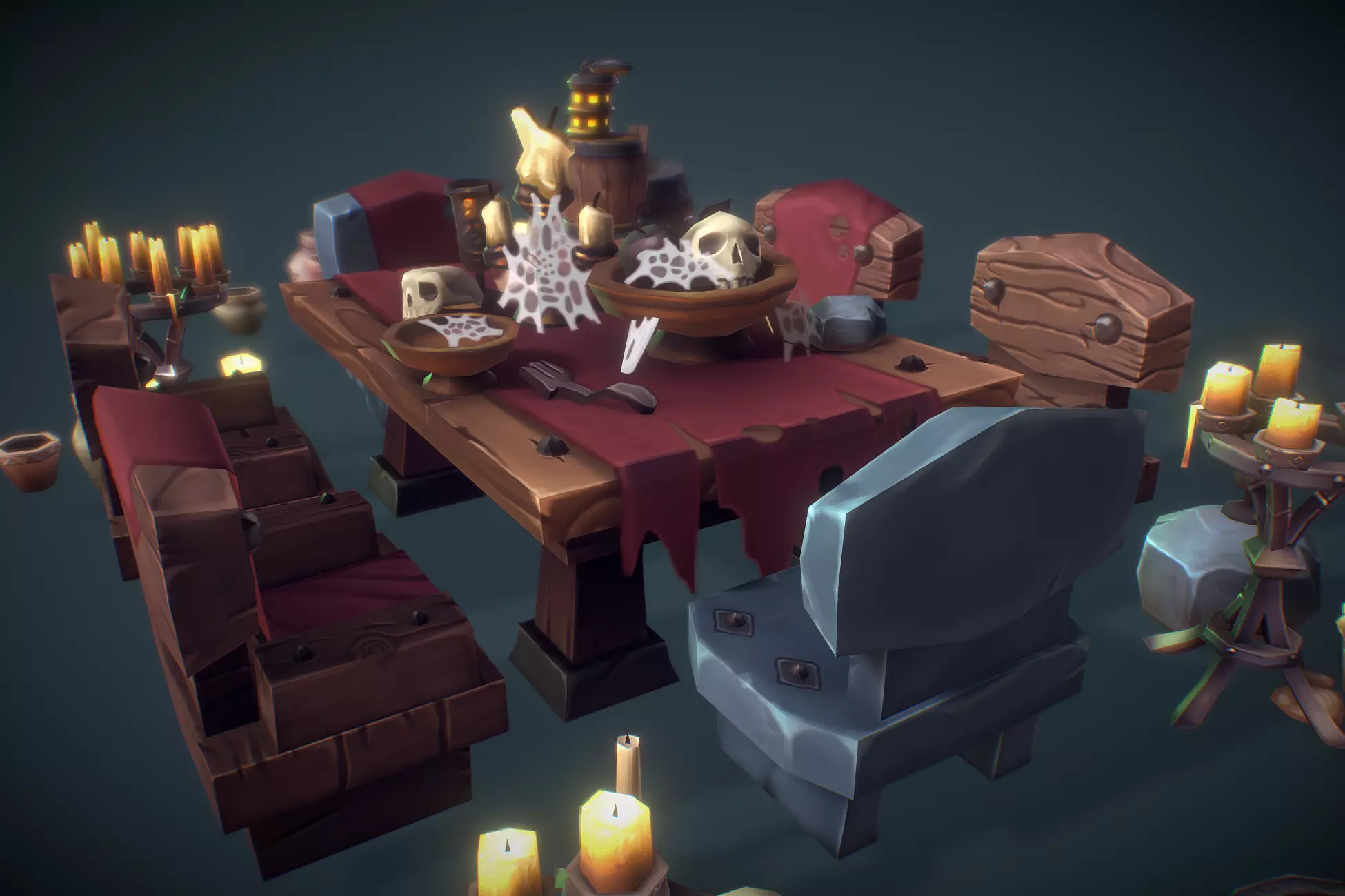 Dungeon Entourage Set - Low Poly Hand Painted Low-poly 3D model_0