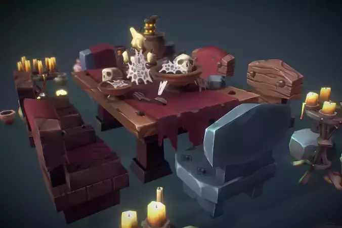 Dungeon Entourage Set - Low Poly Hand Painted Low-poly 3D model