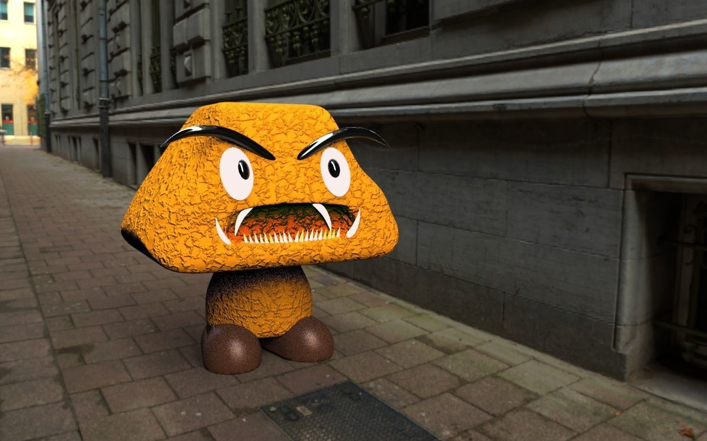 Goomba mushroom on city street Low-poly 3D model_0